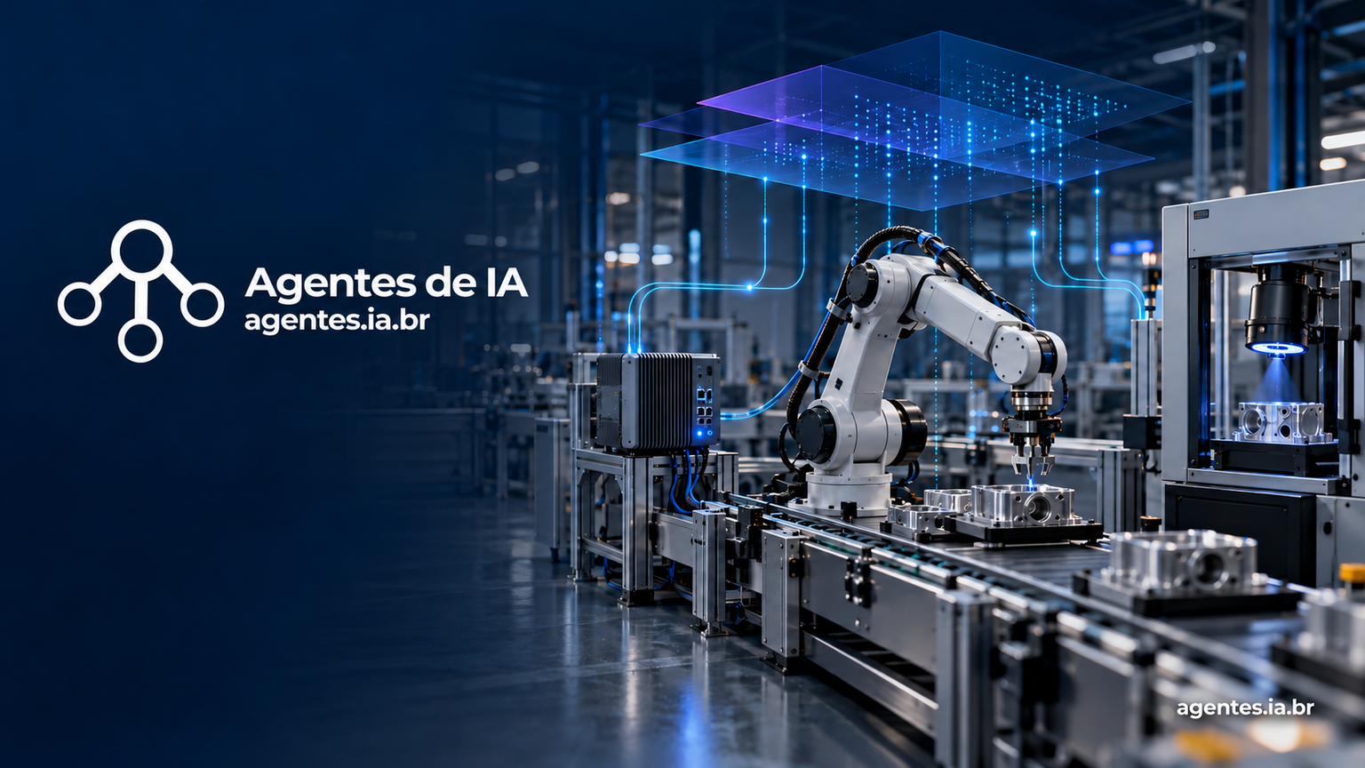 Marca Agentes de IA ao lado de uma operação industrial automatizada conectada por fluxos de dados.